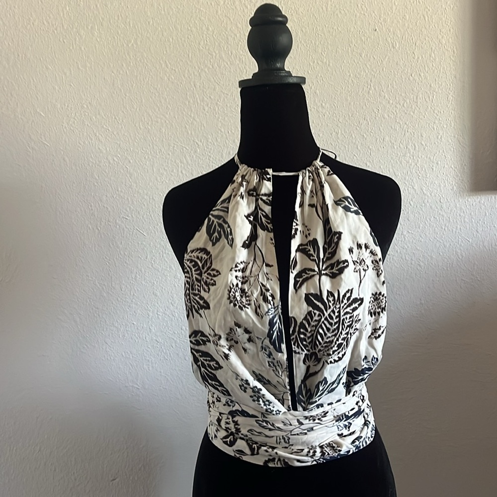 NWT Mason Baker Olivaceous Floral Wrap Halter Top Black/Cream/Blue Various sizes